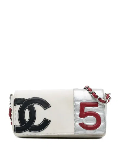 Pre-owned Chanel 2002-2003 Cc Canvas And Metallic Lambskin No. 5 Chain Flap Shoulder Bag In White