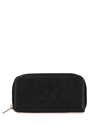 Pre-owned Chanel 2002-2003 Cc Caviar Zip Around Wallet Long Wallets In Black