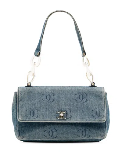 Pre-owned Chanel 2002-2003 Cc Printed Denim Single Flap Shoulder Bag In Blue