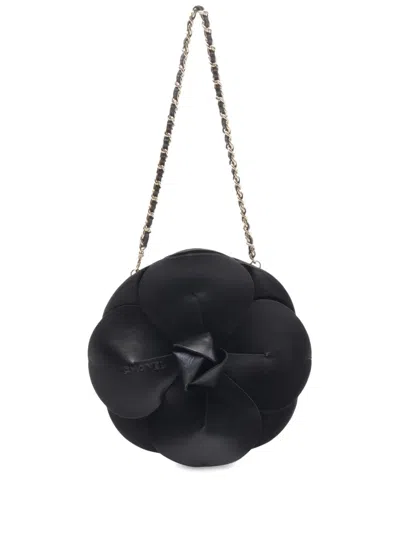 Pre-owned Chanel 2002-2003 Lambskin And Satin Camellia Flower Evening Bag Handbag In Black