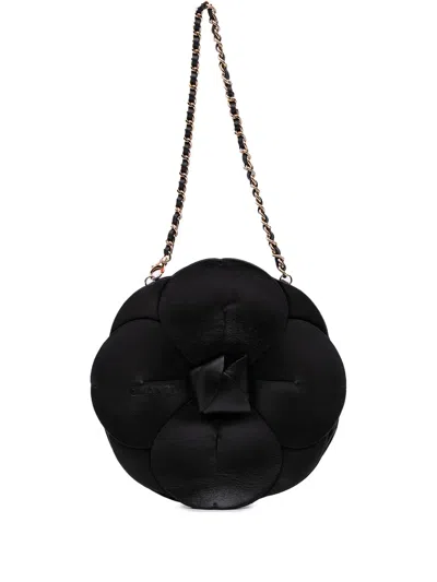 Pre-owned Chanel 2002-2003 Lambskin And Satin Camellia Flower Evening Bag Handbag In Black