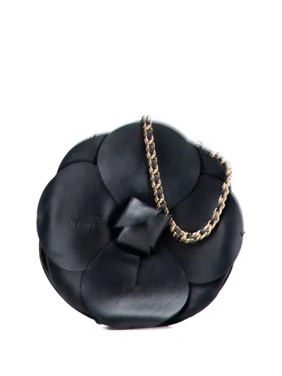 Pre-owned Chanel 2002-2003 Lambskin And Satin Camellia Flower Evening Bag Handbag In Black