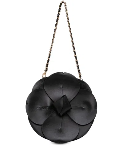 Pre-owned Chanel 2002-2003 Lambskin And Satin Camellia Flower Evening Bag Handbag In Black