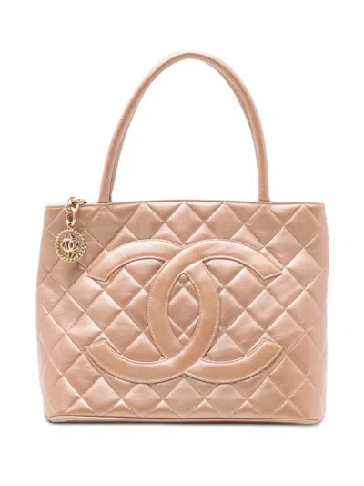 Pre-owned Chanel 2002-2003 Lambskin Medallion Tote Bag In Brown