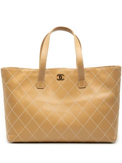 Pre-owned Chanel 2002-2003 Large Cc Calfskin Wild Stitch Tote Bag In Brown