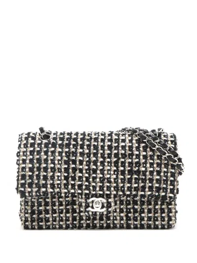Pre-owned Chanel 2002-2003 Medium Classic Tweed Double Flap Shoulder Bag In Black