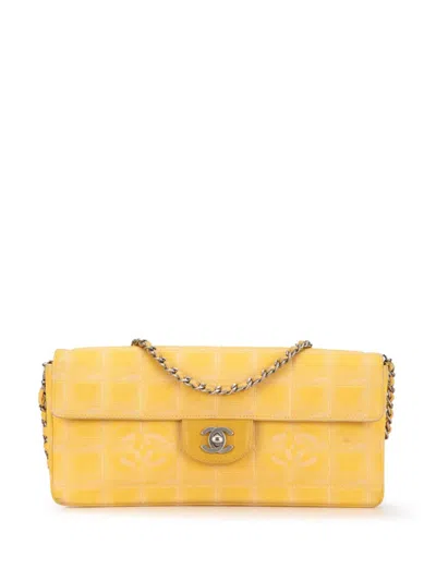 Pre-owned Chanel 2002-2003 New Travel Line Nylon East West Flap Shoulder Bag In Yellow