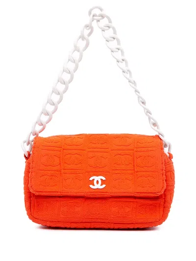 Pre-owned Chanel 2002-2003 Terry Cloth Sport Line Flap Shoulder Bag In Orange