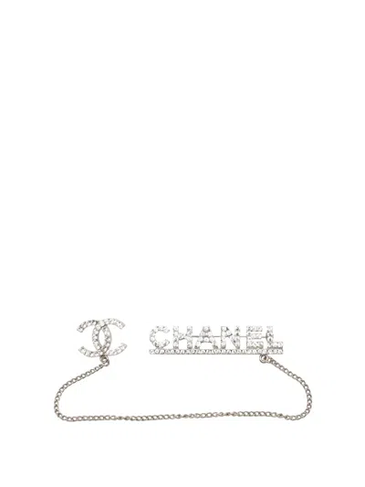 Pre-owned Chanel 2002 Cc Brass Strass Pin Brooch With Chain Costume Brooch In Silver