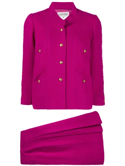 Pre-owned Chanel 2002 Cc-buttons Tweed Skirt Suit In Purple