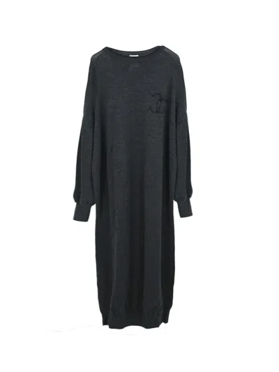 Pre-owned Chanel 2002 Cc Embroidered Knit Dress In Grey