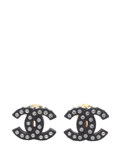 Pre-owned Chanel 2002 Cc Gold Plated Acrylic Rhinestone Clip On Earrings Costume Earrings In Black