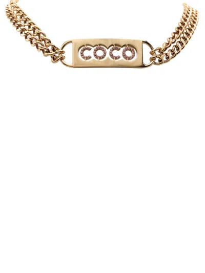 Pre-owned Chanel 2002 Cc Gold Plated Coco Rhinestones Double Chain Necklace Costume Necklace