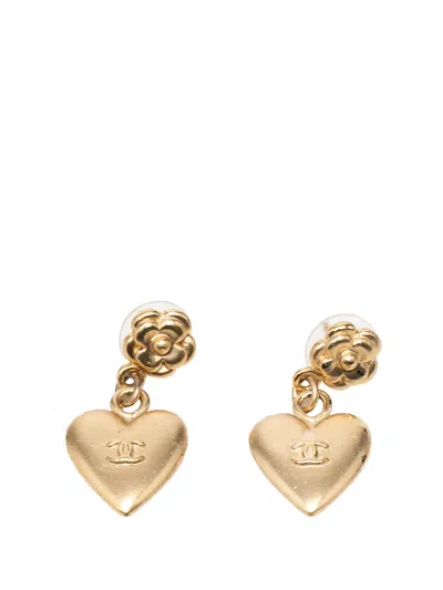 Pre-owned Chanel 2002 Cc Gold Plated Heart Dangling Push Back Earrings Costume Earrings