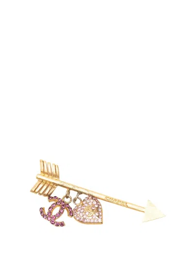 Pre-owned Chanel 2002 Cc Gold Plated Strass Arrow Heart Charm Pin Brooch Costume Brooch
