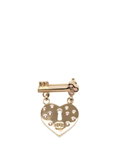 Pre-owned Chanel 2002 Cc Gold Plated Strass Heart Lock And Key Brooch Costume Brooch