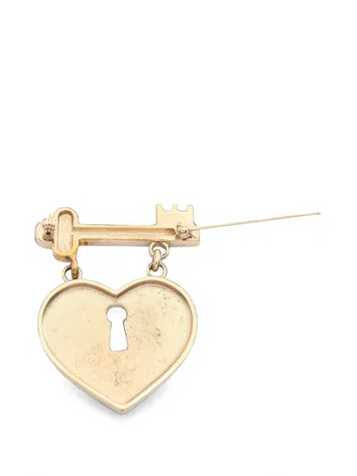 Pre-owned Chanel 2002 Cc Gold Plated Strass Heart Lock And Key Brooch Costume Brooch