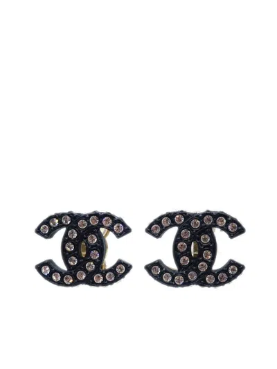 Pre-owned Chanel 2002 Cc Rhinestone Clip-on Earrings In 金色