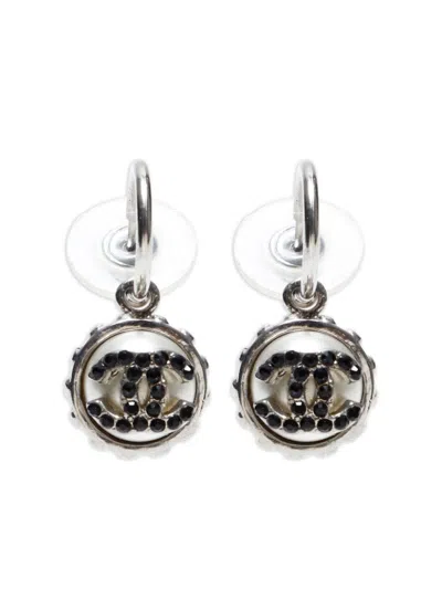 Pre-owned Chanel 2002 Cc Rhinestone Drop Earrings In Silver