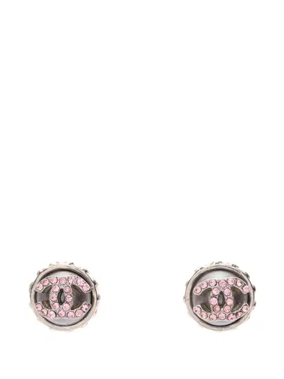 Pre-owned Chanel 2002 Cc Stainless Steel Rhinestones Push Back Earrings Costume Earrings In Pink