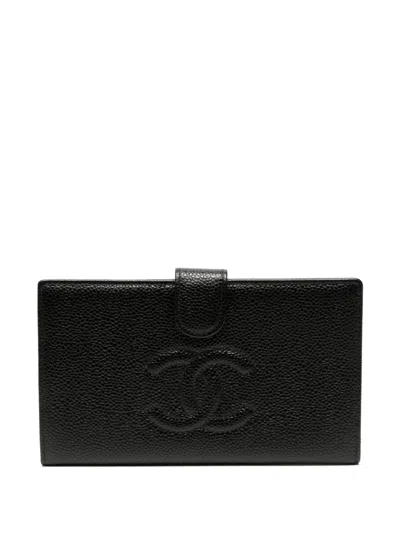Pre-owned Chanel 2002 Cc Stitch Long Bifold Wallet In Black
