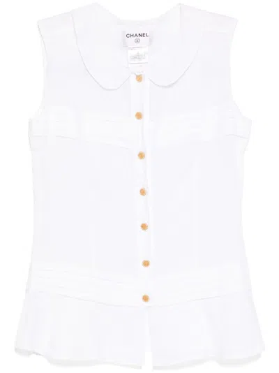 Pre-owned Chanel 2002  Coco Button Sleeve-less Shirt In White