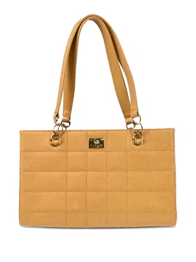Pre-owned Chanel 2002 Choco Bar Quilted Leather Tote Bag In Neutral