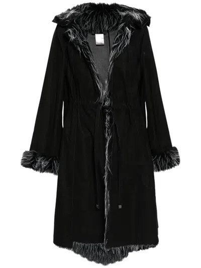 Pre-owned Chanel 2002 Faux-fur Trim Velvet Coat In Black