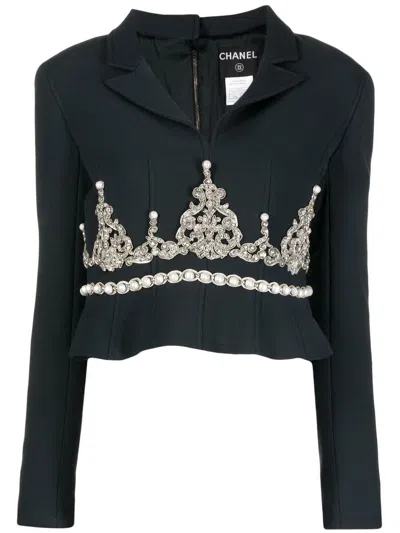 Pre-owned Chanel 2002 Faux-pearl Rhinestone Embellished Blazer In Black