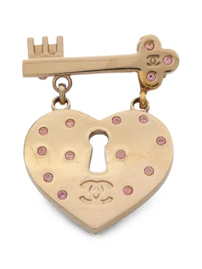 Pre-owned Chanel 2002 Heart Lock Brooch In Gold