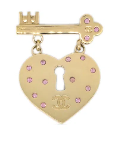 Pre-owned Chanel 2002 Heart Rhinestone Brooch In Gold