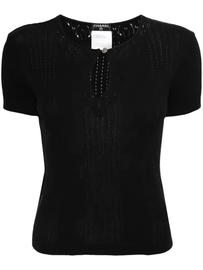 Pre-owned Chanel 2002 Pointelle-knit Cotton Top In Black
