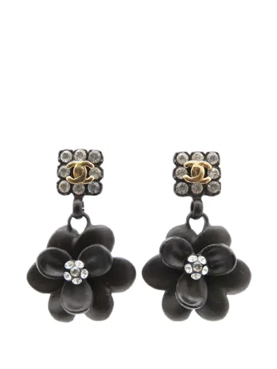 Pre-owned Chanel 2002 Resin Rhinestone Camellia Swing Push Back Earrings Costume Earrings In Black