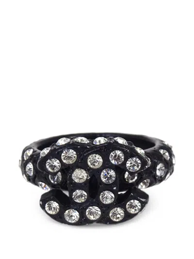 Pre-owned Chanel 2002 Rhinestone Cc Ring In Black