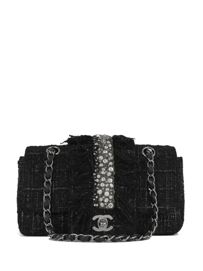 Pre-owned Chanel 2002 Small Classic Flap Tweed Shoulder Bag In Black