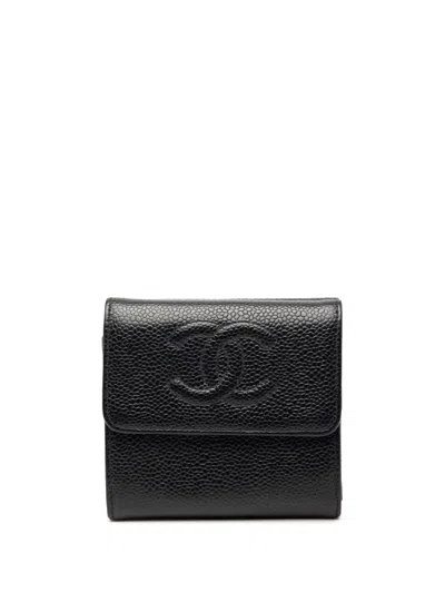 Pre-owned Chanel 2002-2003 Cc Caviar Trifold Wallet Small Wallets In Black