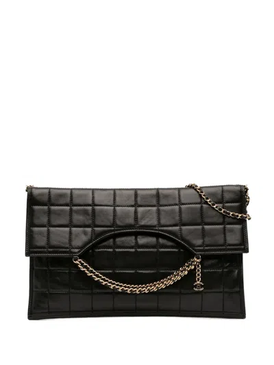 Pre-owned Chanel 2002-2003 Cc Chocolate Bar Lambskin Fold Down Envelope Shoulder Bag In Black