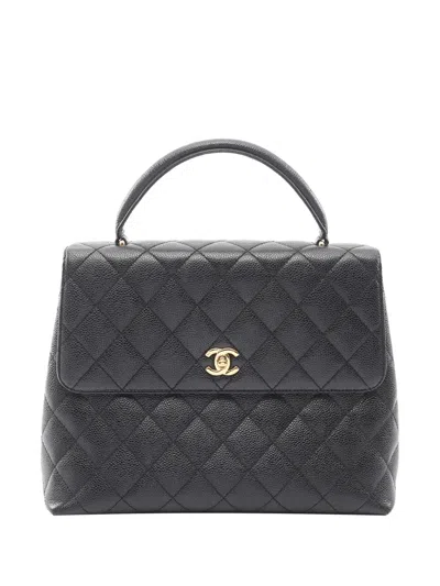 Pre-owned Chanel 2002-2003 Cc Quilted Caviar Kelly Top Handle Bag Handbag In Black