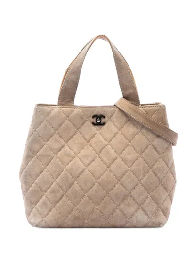 Pre-owned Chanel 2002-2003 Cc Quilted Suede Turnlock Satchel In Neutrals