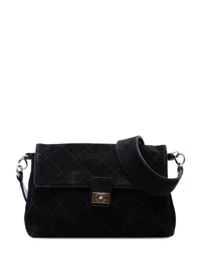 Pre-owned Chanel 2002-2003 Cc Quilted Suede Wild Stitch Flap Shoulder Bag In Black