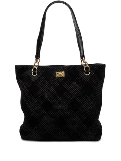 Pre-owned Chanel 2002-2003 Cc Stitched Suede Tote Bag In Black