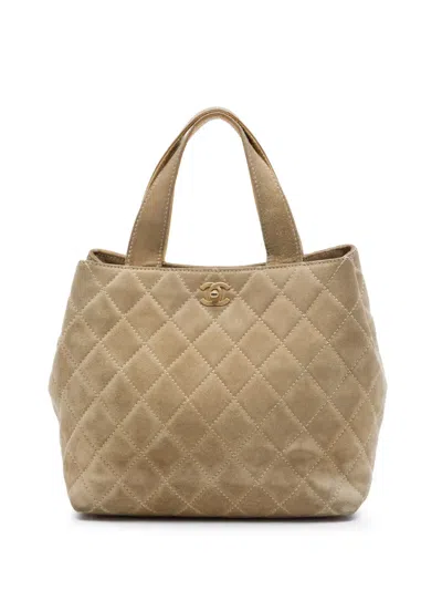 Pre-owned Chanel 2002-2003 Mini Cc Quilted Suede Shopping Tote Satchel In Neutral