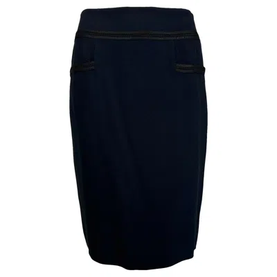 Pre-owned Chanel 2002c Dark Blue Crepe With Black Soutache Braid Trim Pencil Skirt 36