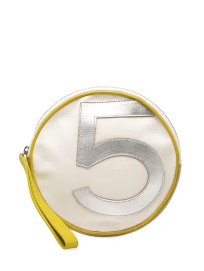 Pre-owned Chanel 2003-2004 Cc Canvas And Metallic Calfskin No. 5 Wristlet Pouch Clutch Bag In Brown