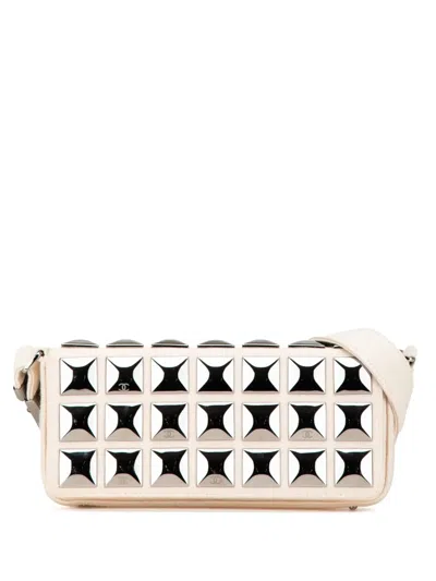 Pre-owned Chanel 2003-2004 Cc Jersey Pyramid Stud Flap Shoulder Bag In White