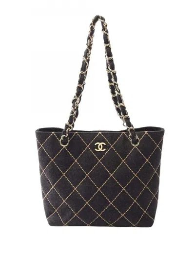 Pre-owned Chanel 2003-2004 Cc Wool Wild Stitch Tote Bag In Gray