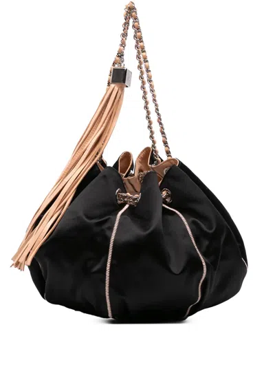 Pre-owned Chanel 2003-2004 Lambskin And Satin Reversible Sac Cordon Bucket Bag In Brown