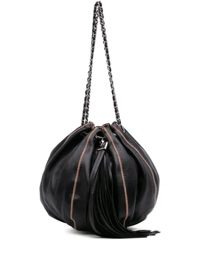 Pre-owned Chanel 2003-2004 Lambskin And Satin Reversible Sac Cordon Bucket Bag In Brown