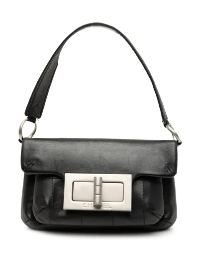 Pre-owned Chanel 2003-2004 Mini Calfskin Giant Mademoiselle Turnlock Flap Handbag In Black