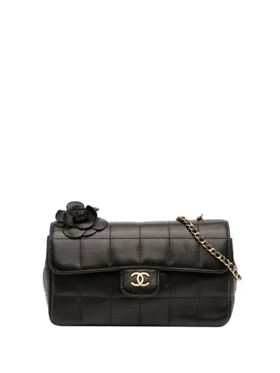 Pre-owned Chanel 2003-2004 Mini Lambskin Chocolate Bar Camellia Flap Crossbody Bag In Black